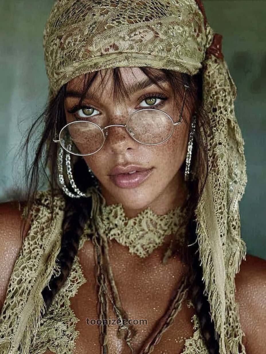 Woman with glasses and lace headscarf.