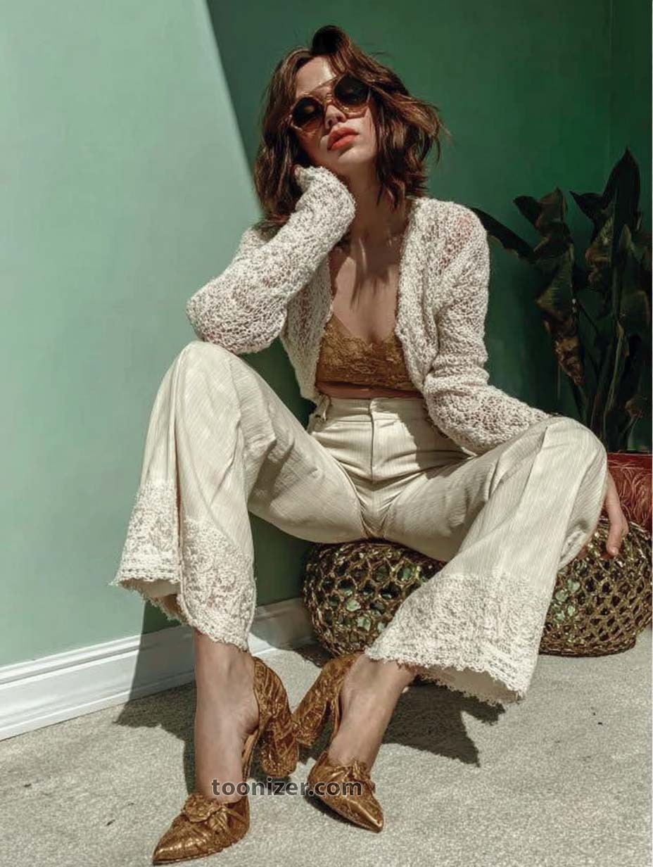 Stylish woman in lace outfit with sunglasses.