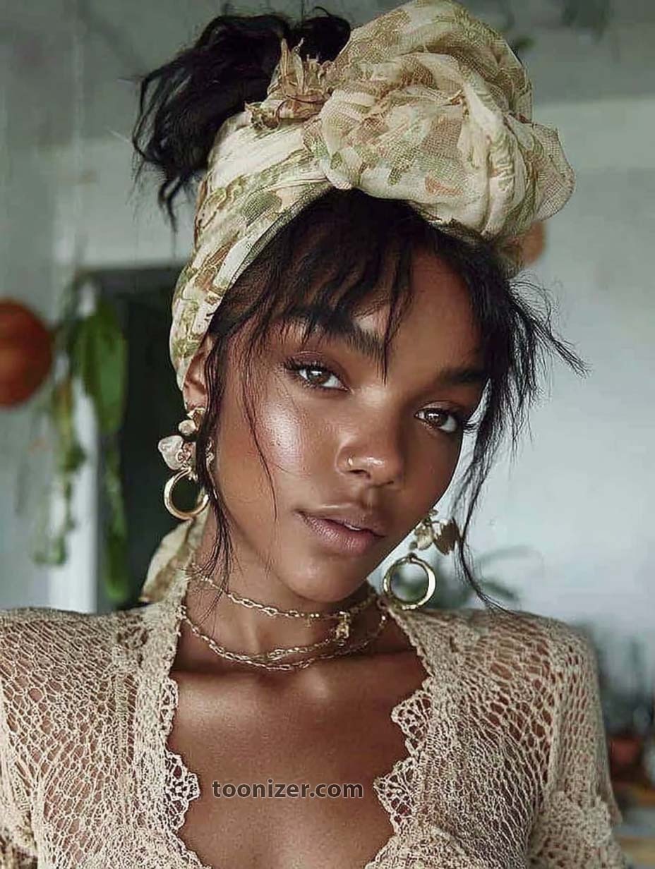 Woman in lace top and headscarf.