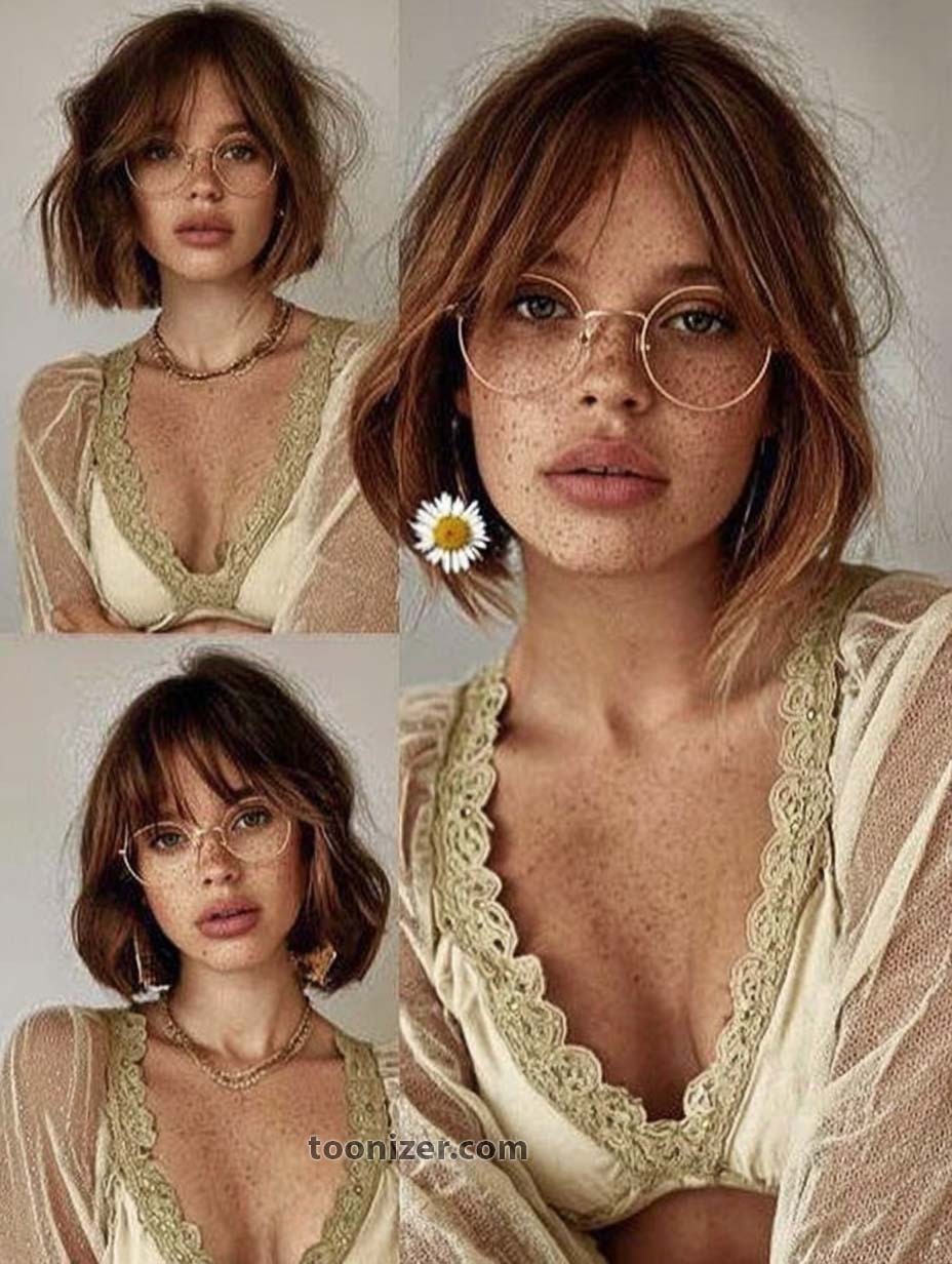 Woman with freckles and glasses, multiple angles