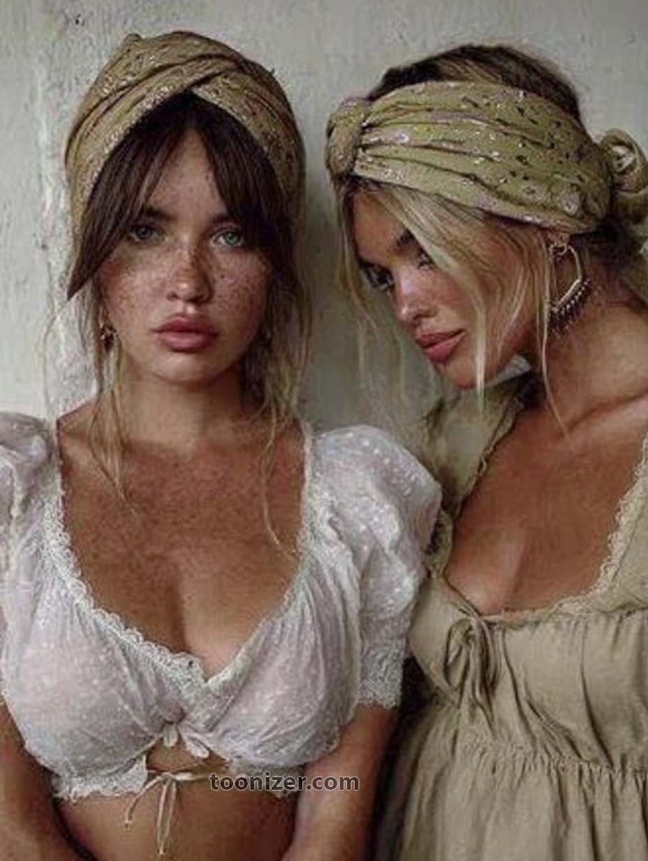 Two women wearing headscarves and stylish dresses.