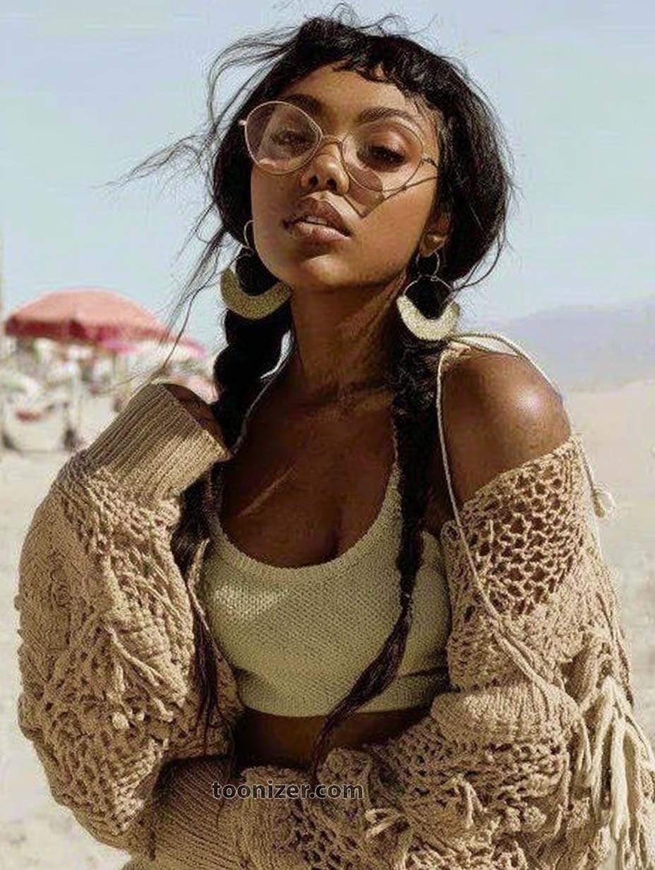 Woman in knit cardigan on a sunny beach.