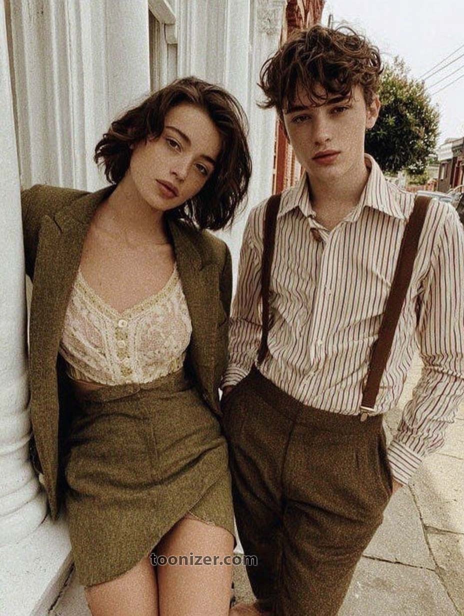 Two people in vintage outfits outside building.