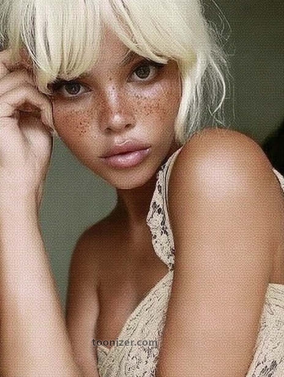 Stylized portrait of person with freckles and blonde hair.