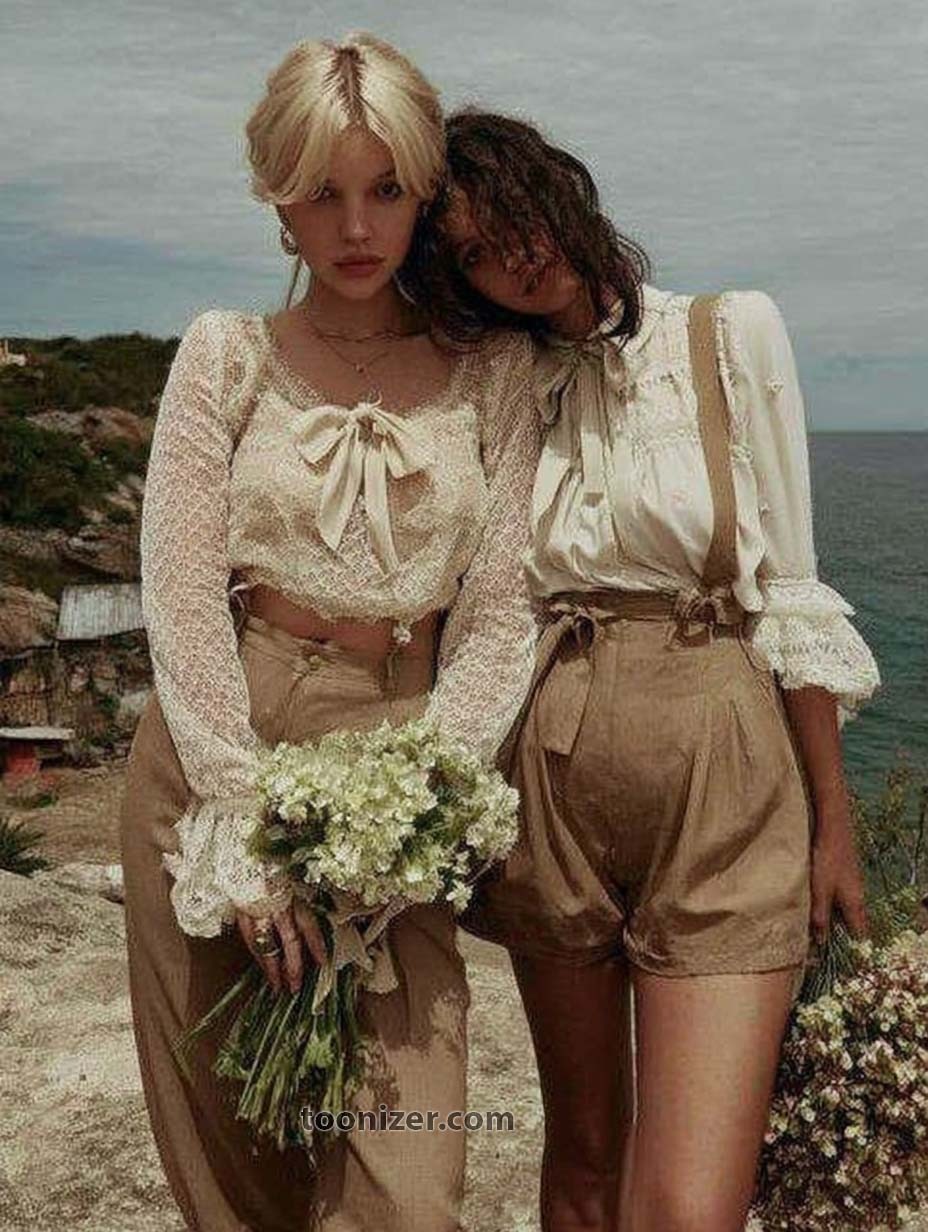 Two women in vintage outfits by the sea.