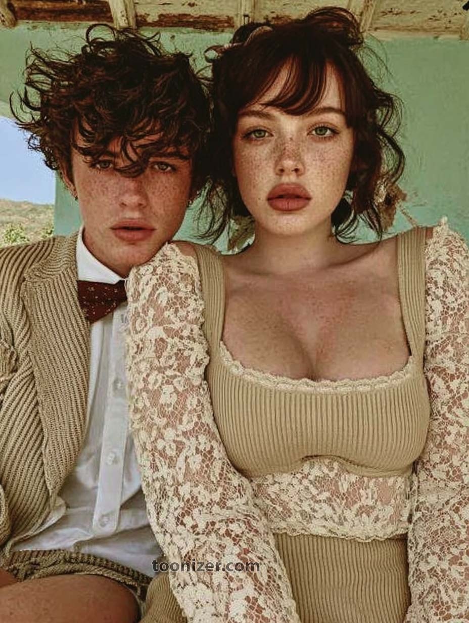 Two people posing in vintage-style outfits.