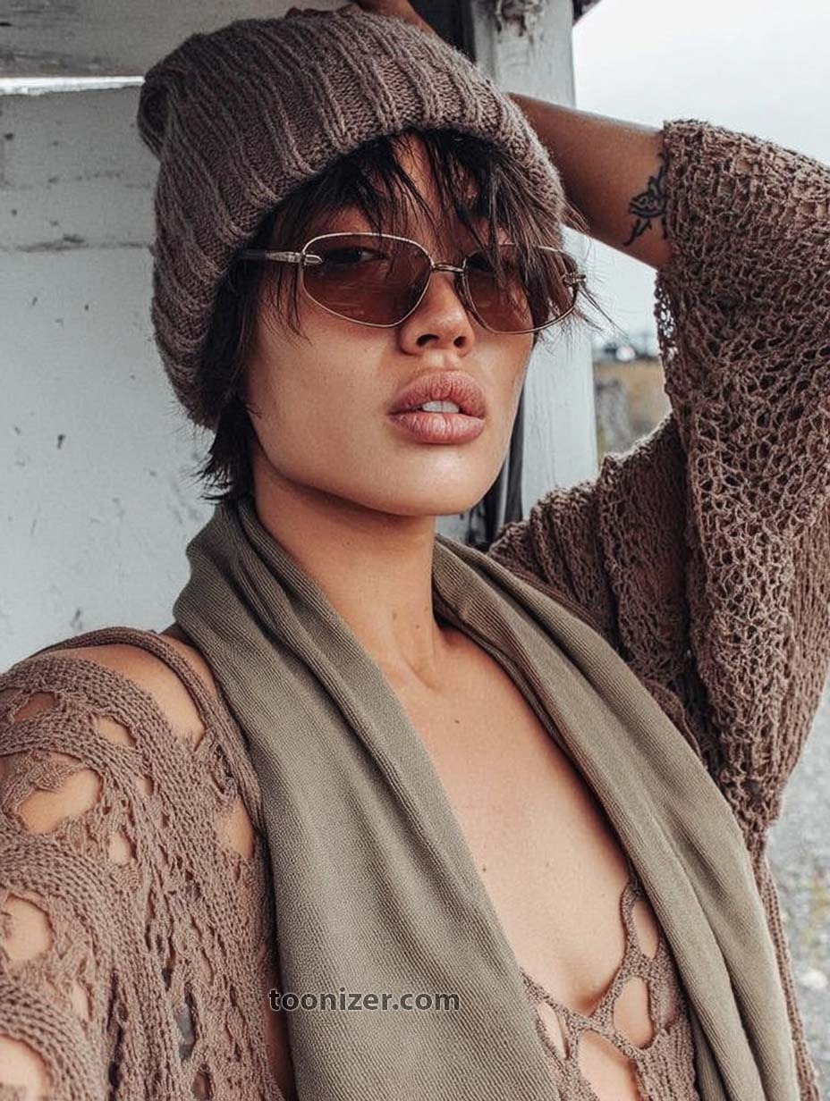 Person wearing knit hat and sunglasses