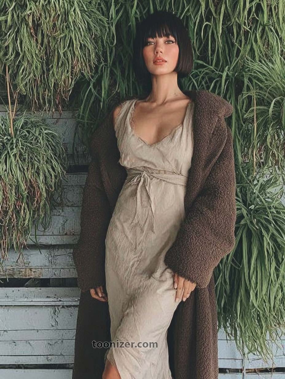 Stylish woman in elegant outfit by greenery wall.