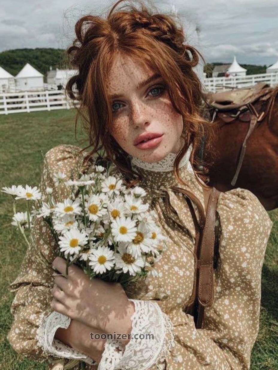 Woman holding daisies in rustic outdoor setting