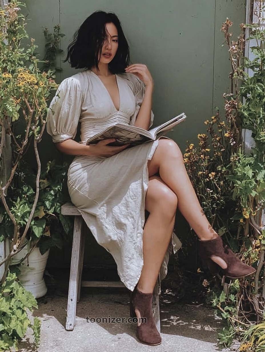 Woman reading book outdoors in garden chair.