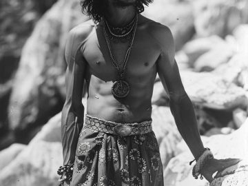 Shirtless man with hat and sunglasses standing outdoors.