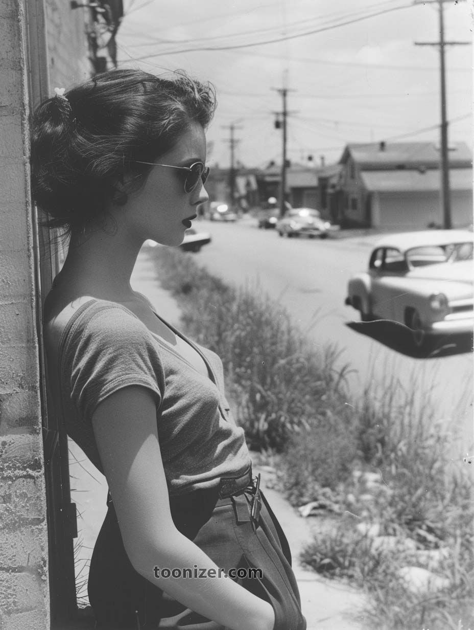 Woman in sunglasses standing by wall on street