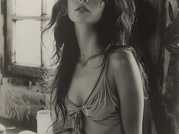 Black and white portrait of woman by window