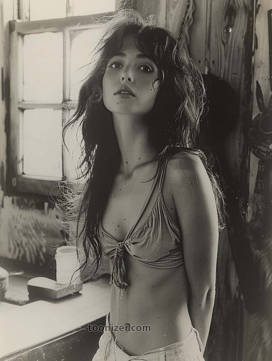 Black and white portrait of woman by window