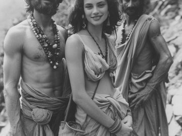 Three people posing in traditional attire outdoors.