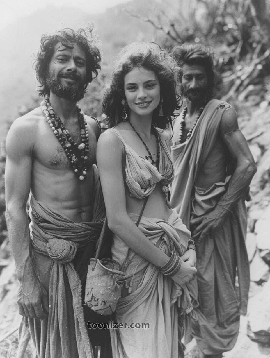 Three people posing in traditional attire outdoors.