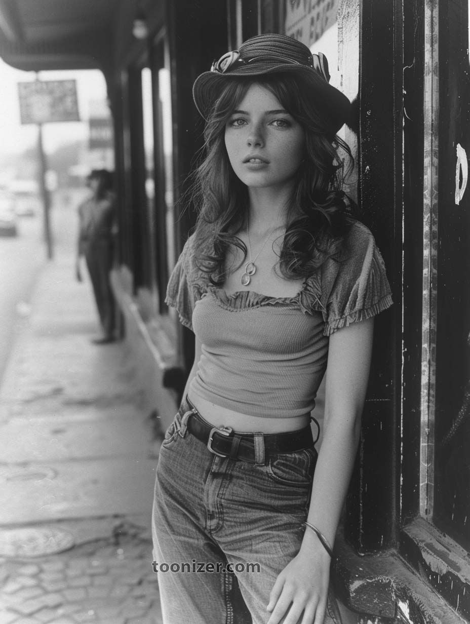 Young woman in hat, standing outside store.
