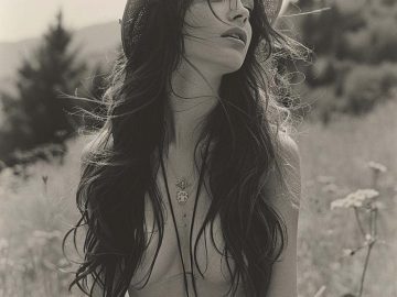 Woman in hat in nature setting, black and white.