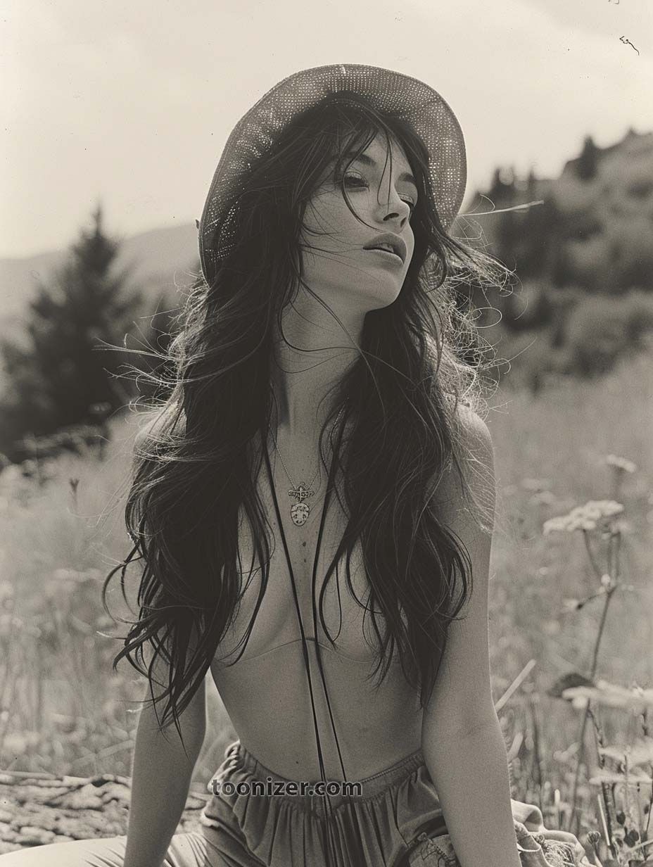 Woman in hat in nature setting, black and white.