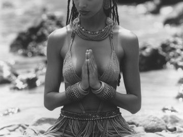 Woman meditating on beach in traditional attire.