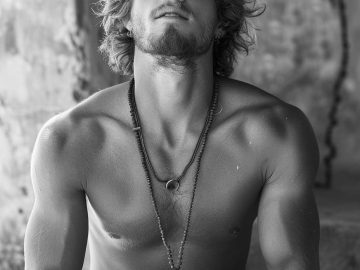 Shirtless man with necklace, looking upward thoughtfully.