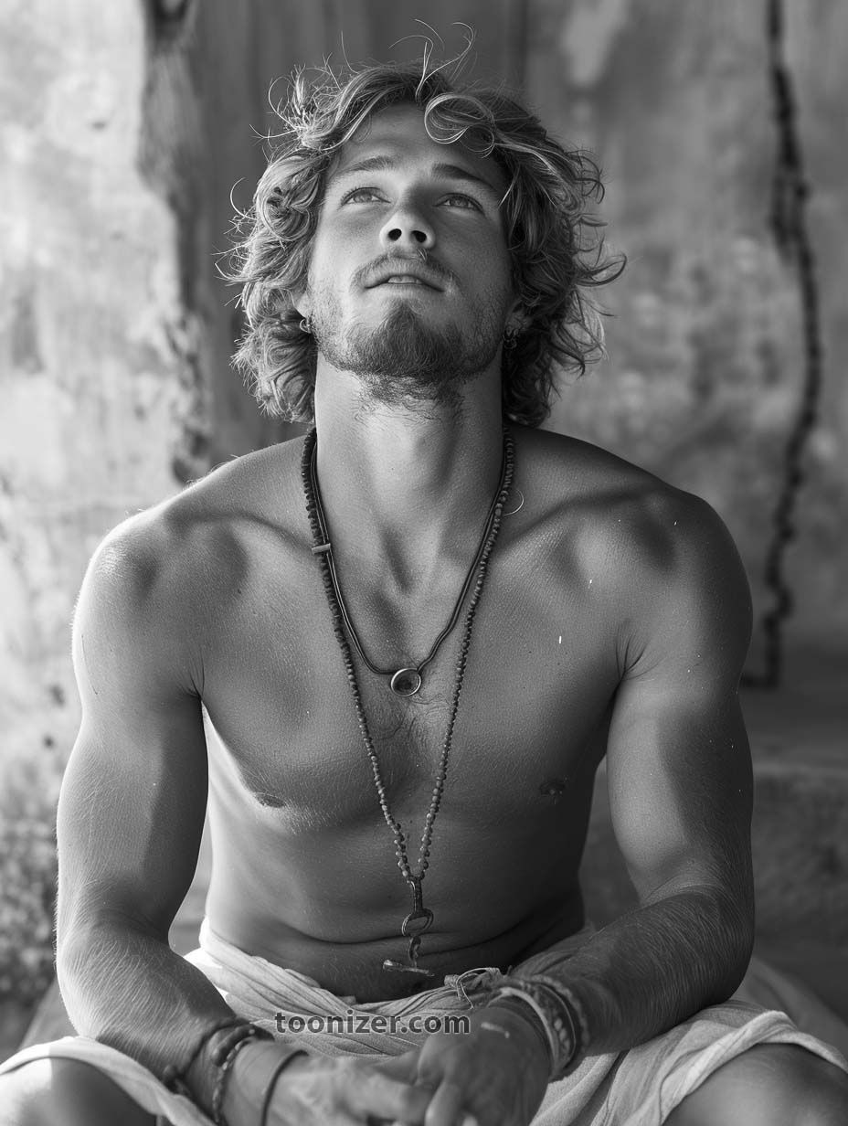 Shirtless man with necklace, looking upward thoughtfully.