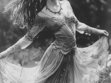 Woman dancing gracefully in flowing dress outdoors.