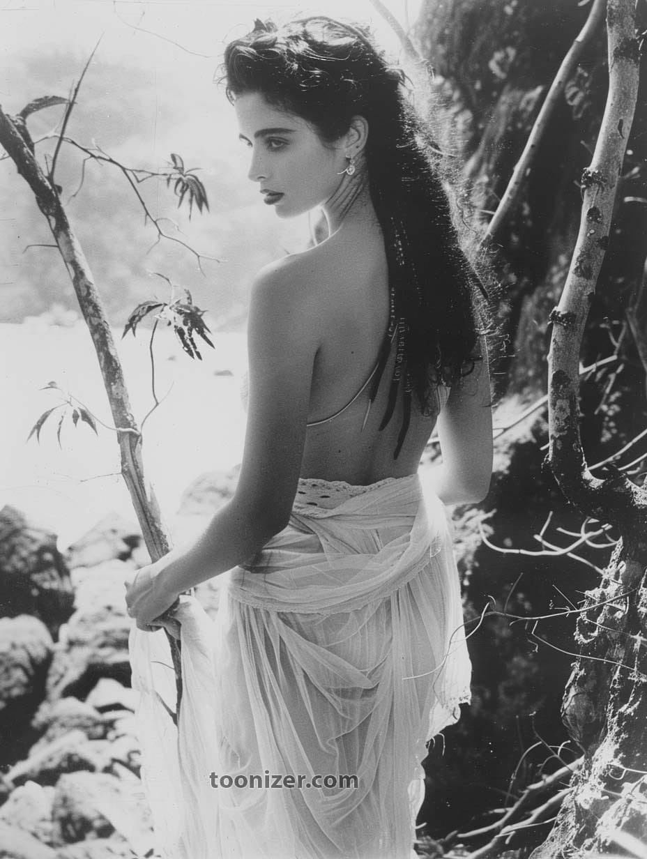 Woman in flowing dress by rocky shoreline