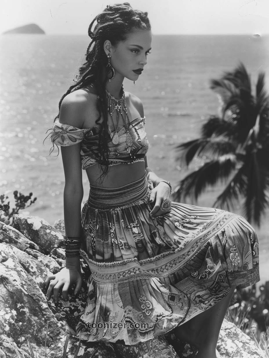 Woman in Boho attire beside ocean view