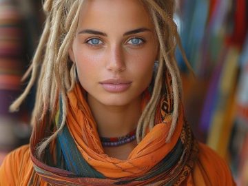 Person wearing colorful scarf and orange outfit