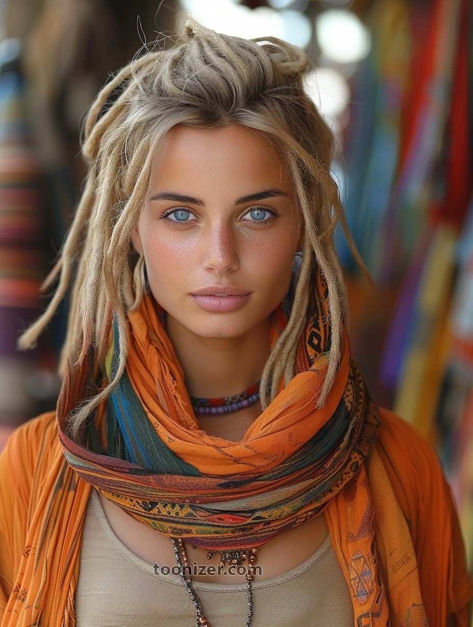 Person wearing colorful scarf and orange outfit