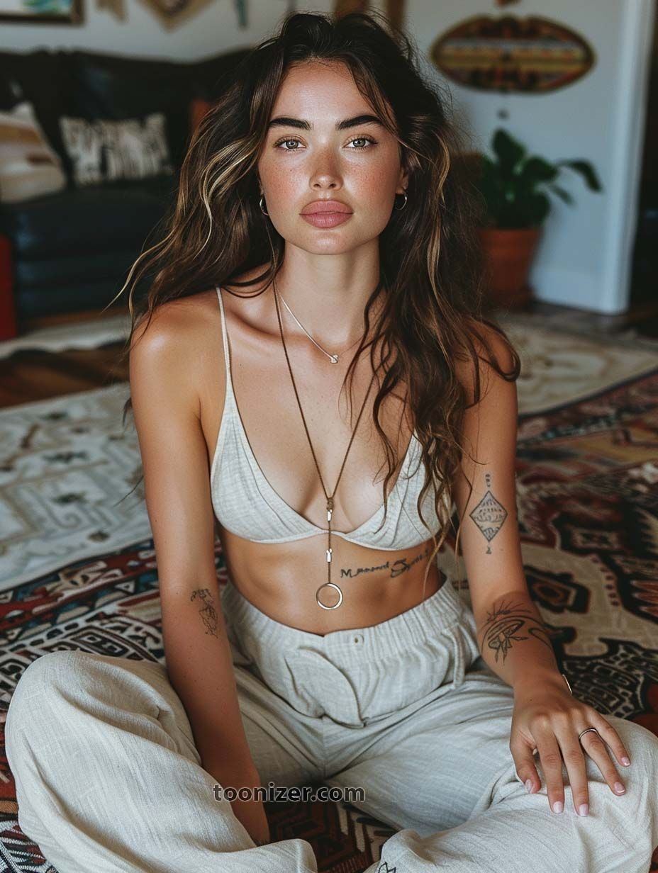 Woman sitting on patterned rug indoors.