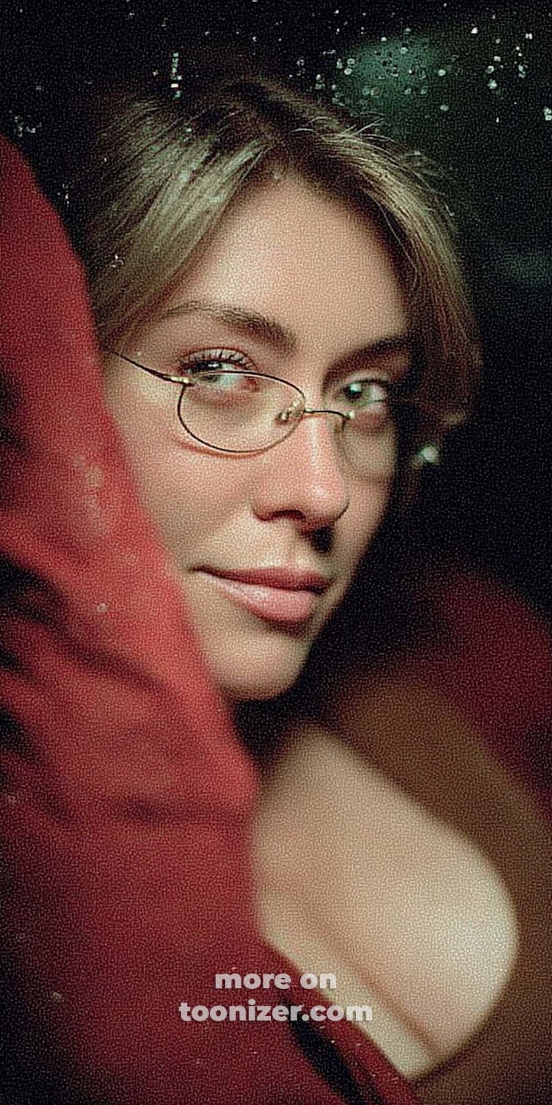 Stylized portrait of person with glasses, red background.