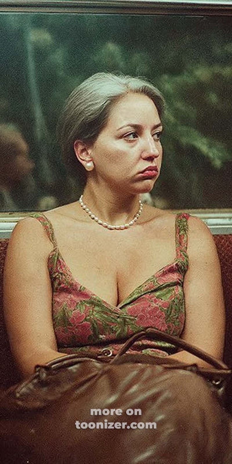 Woman sitting on subway, floral dress, pearl necklace.