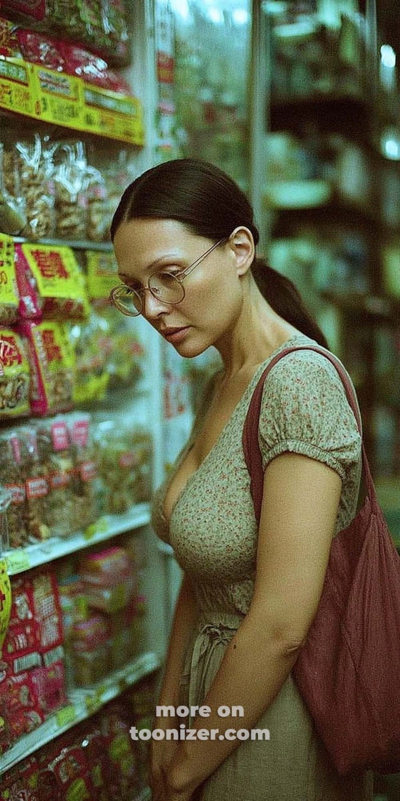 Woman shopping snacks in a grocery aisle.