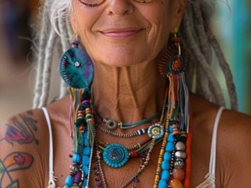 Smiling woman with colorful bohemian jewelry