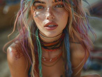 Colorful hair woman with vibrant tattoos and jewelry