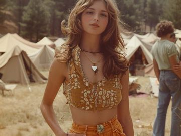 Woman at outdoor camp, forest background, 1970s style fashion.