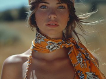 Woman in floral headscarf and swimsuit outdoors.