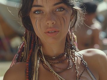 Woman with tribal face paint and colorful attire