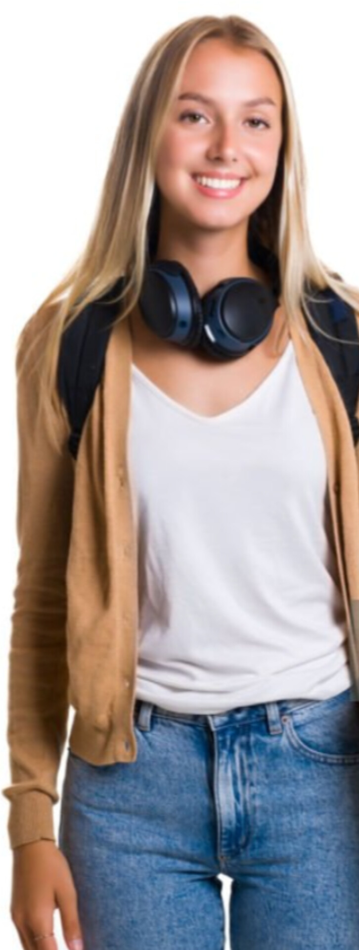 Smiling person with headphones and backpack