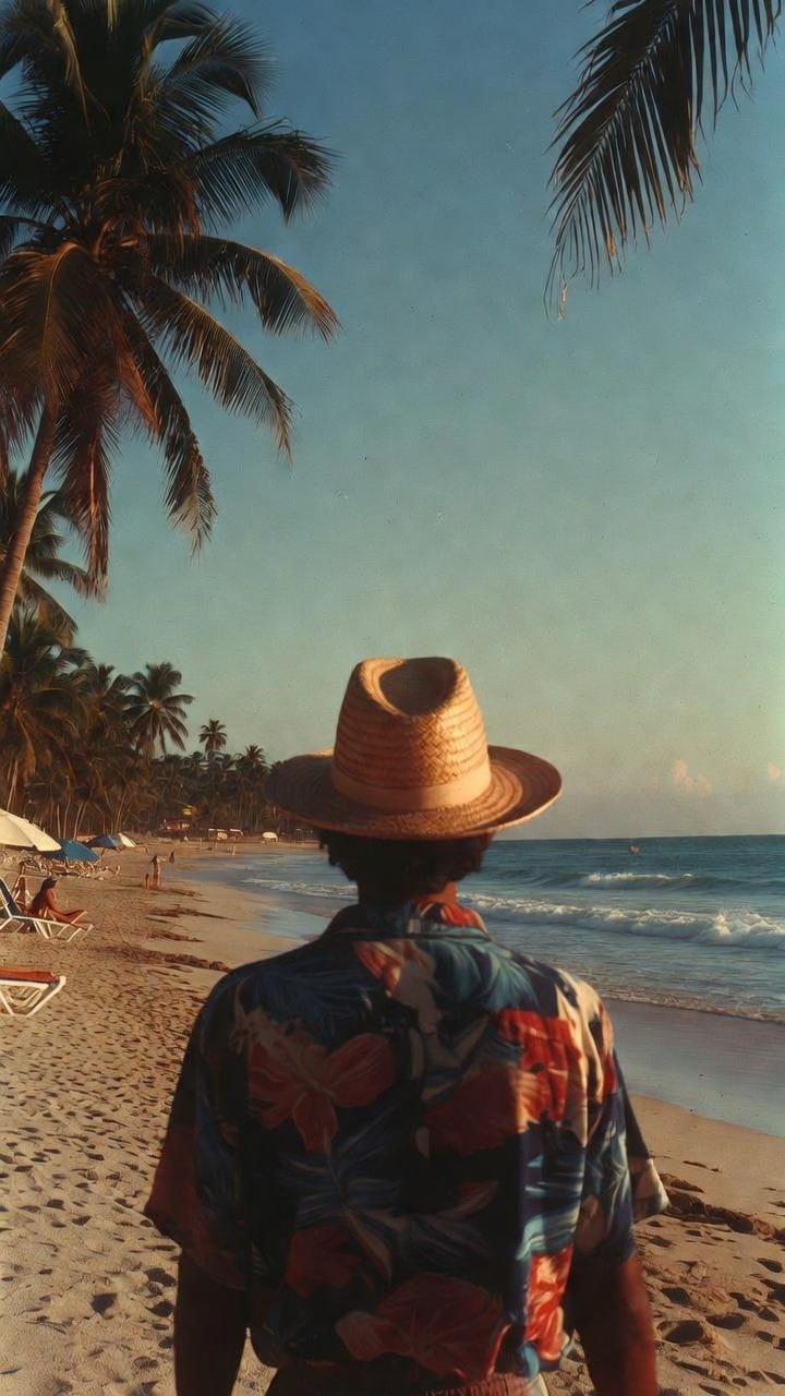 Person with hat on tropical beach