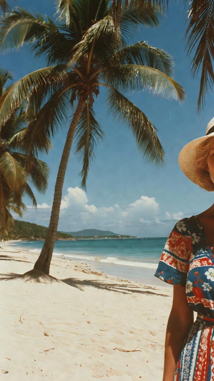 Woman at tropical beach with palm trees