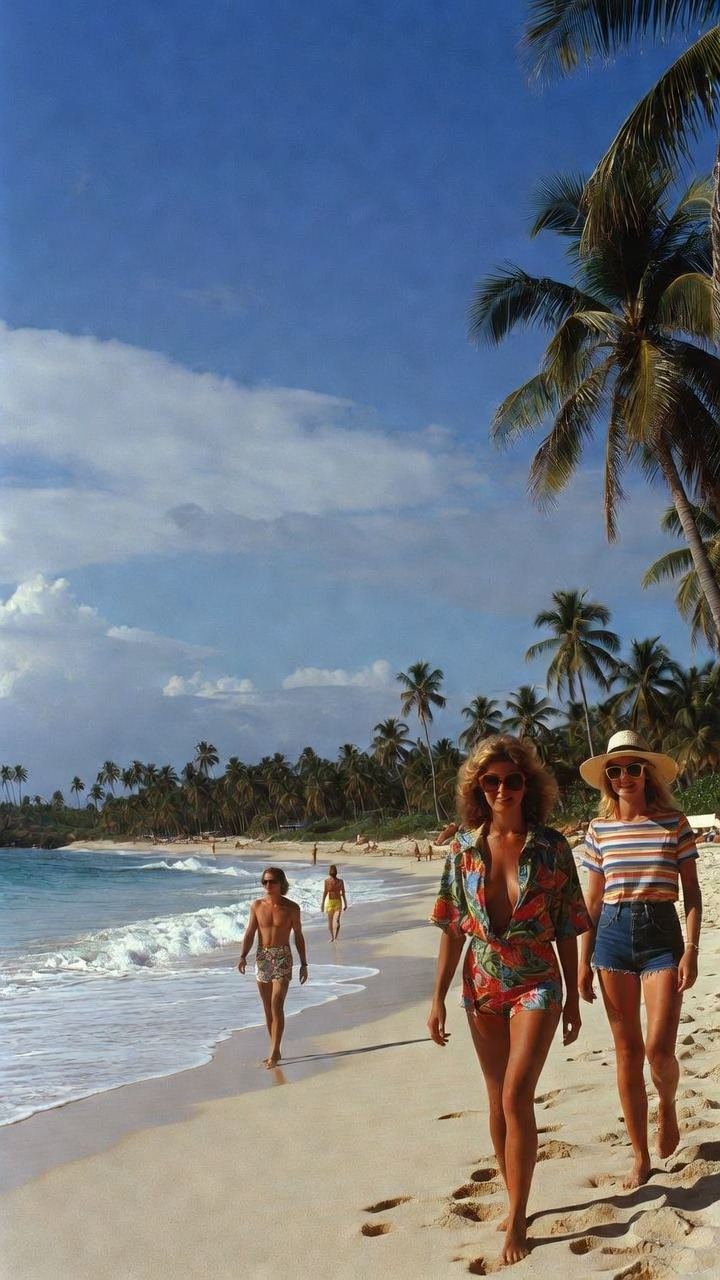People walking on a tropical beach