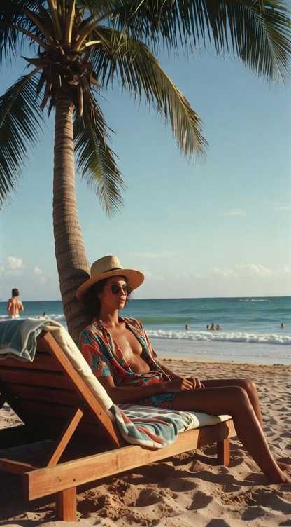 Person relaxing on a beach under a palm tree