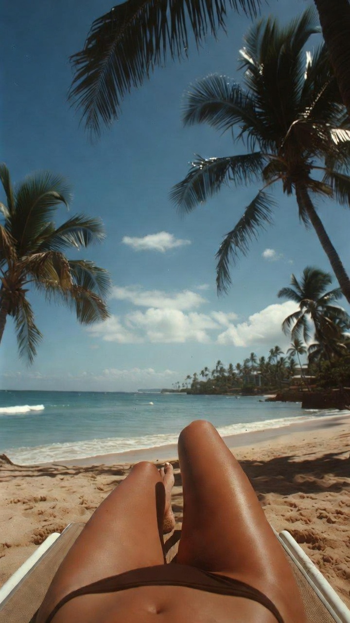 Person sunbathing on tropical beach.