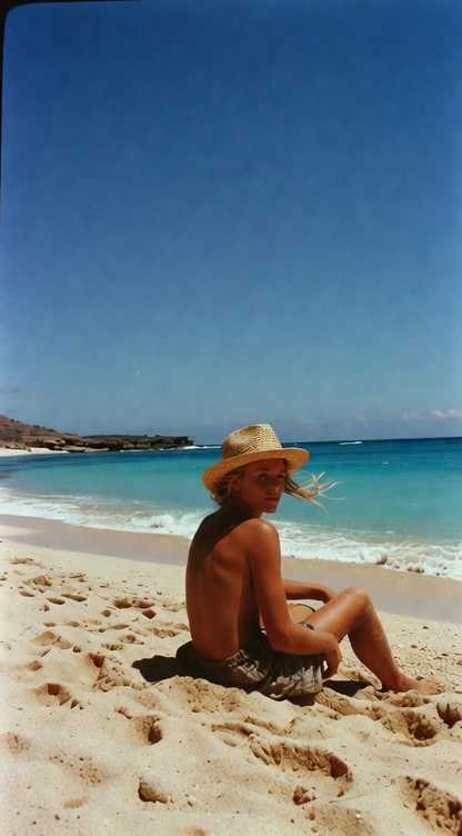 Person sitting on a sunny beach.