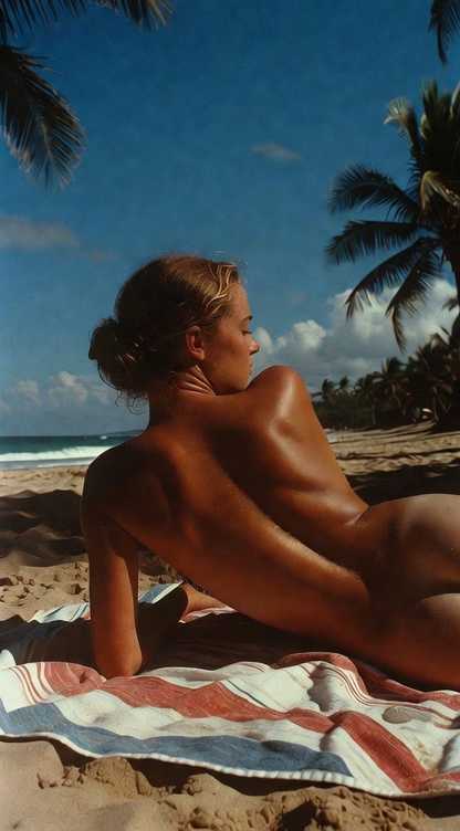 Person sunbathing on tropical beach.