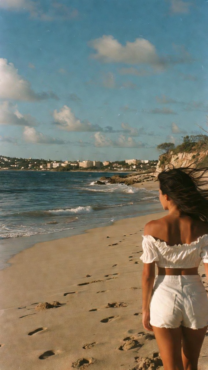 Woman walking along a sunny beach