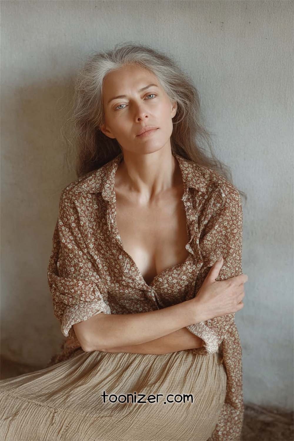 Woman in floral blouse and long skirt